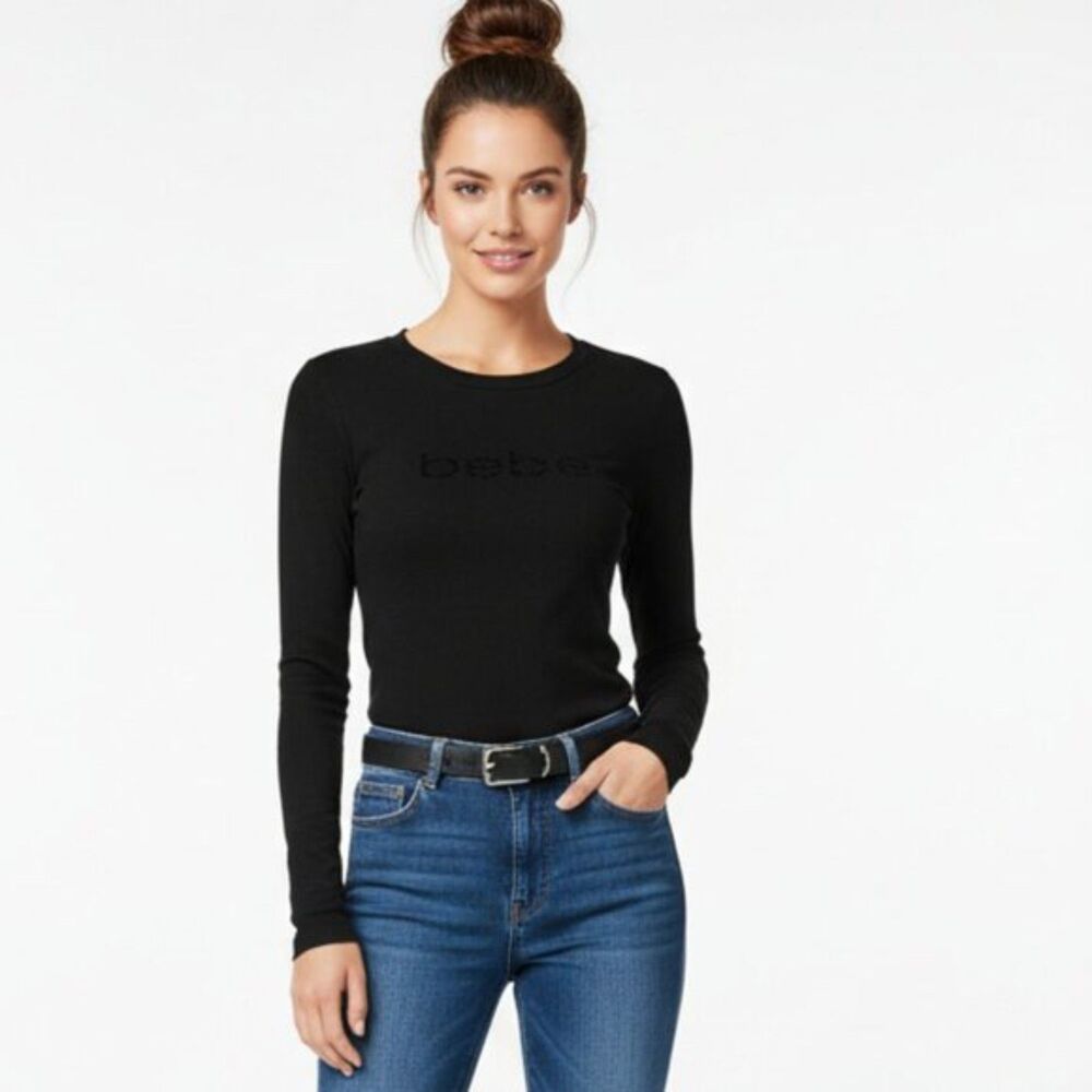 Bebe Black Long Sleeve Logo Print Tee T Shirt Top M